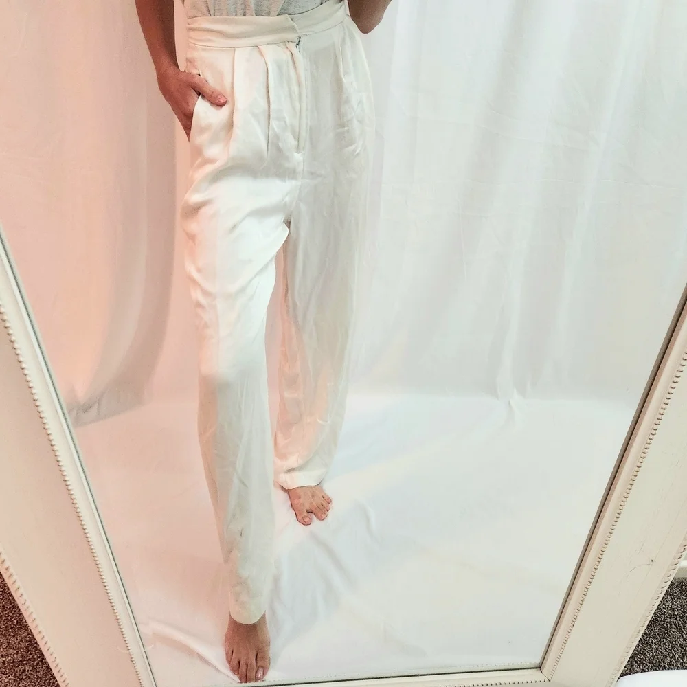 Elegant Silk White High-Waisted Pants Trousers professional satin holiday